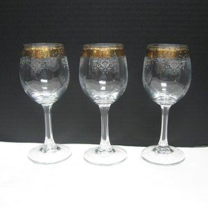 Etched Sherry Glasses Set of 3 Vintage 24k Gold Edged Florentine Italy